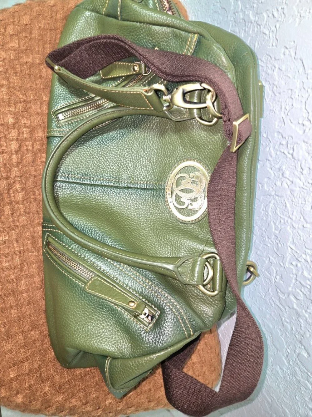 Sharif Olive Green Pebbled Satchel Handbag Crossbody Multi Pocket
